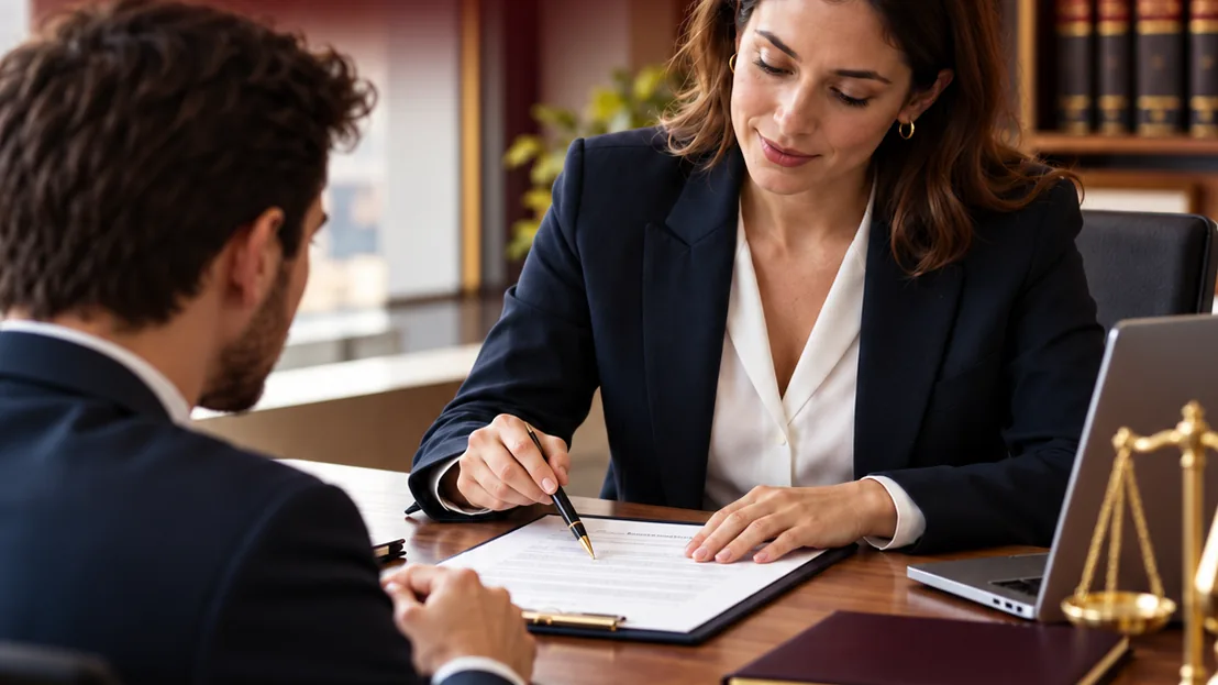 Abogada laboralista revisando un contrato de trabajo con un cliente