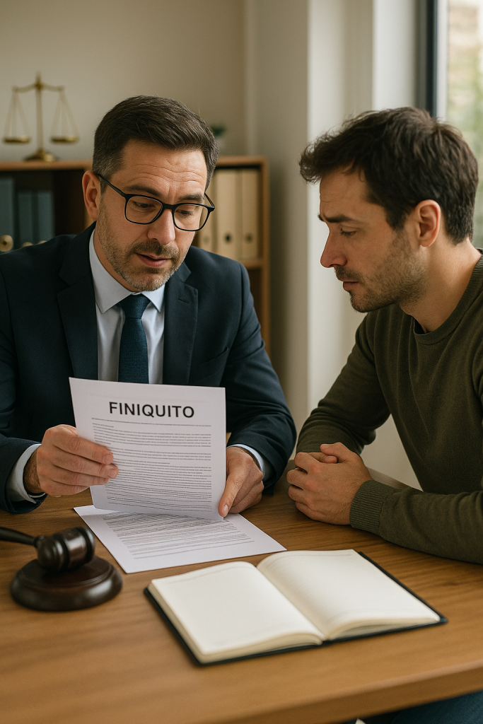Abogado laboralista asesorando a su cliente sobre un caso financiero en un despacho profesional.